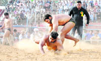 Grapplers in action during the wrestling tournament organised by the Chandigarh Police at Sports Complex in Sector 7