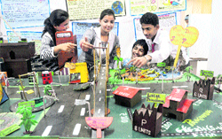 Students display models during a science competition at Guru Nanak Public School in Ludhiana on Wednesday.