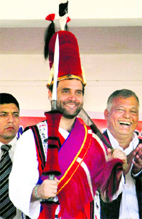 AICC general secretary Rahul Gandhi in Naga traditional attire at a public rally in Dimapur, Nagaland, on Wednesday