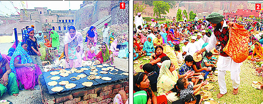 (From left) Devotees making chapatis for the langar at the Gurudwara Qila Sahib in Bathinda on Thursday on the occasion of Gurupurb; Devotees partaking langar during the celebrations of the birth anniversary of Guru Nanak Dev Ji