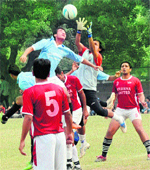A player tries to score a goal during the 6th Kanwar Harbans Lal Memorial Football Tournament, Sector 17, Chandigarh, on Thursday
