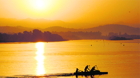 Early morning rowers enjoy the pristine beauty of Sukhna Lake with the sun rising in the backdrop, in Chandigarh on Thursday.