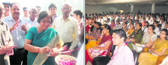 Sumedha Kataria, Additional Deputy Commissioner, Kurukshetra, inaugurates a blood donation camp organised by the Kurukshetra Institute of Technology and Management in Kurukshetra; and (right) participants at the inaugural session of the camp. 