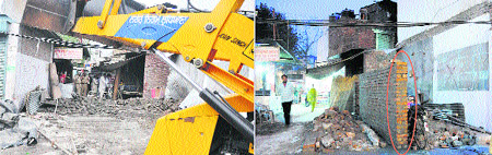 The MC uses a ditch machine to demolish a shop under construction at Ghumar Mandi in Ludhiana on Wednesday (left); and the owner gets a wall constructed again at the same spot on Thursday