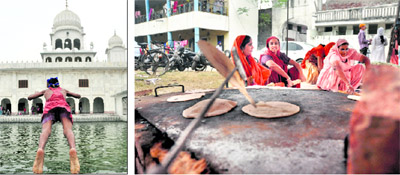 A devotee dives for a dip in a gurdwara sarovar; and (right) Women prepare langar at a gurdwara