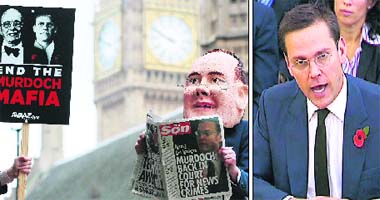 James Murdoch testifies before British Parliamentarians on Thursday and (left) a demonstrator sporting a mask of Murdoch Jr. reads a newspaper in London