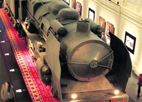 The Pacific 231 locomotive, created in 1989 by French artist Jean-Paul Goude for the bicentenary of the French Revolution,displayed at the exhibition "Goudemalion" at Les Arts Decoratifs Museum in Paris on Thursday