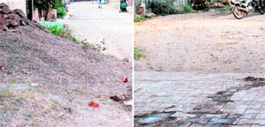 Debris dumped along a road. (right) Poor condition of paver blocks shows the lack of upkeep.