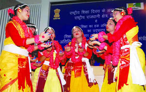 Schoolgirls perform at the launch of 'Shiksha ka Haq, a campaign started under the Right to Education Act to commemorate the birth anniversary of Maulana Abdul Kalam in New Delhi on Thursday. 