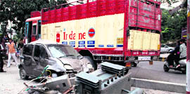 A truck that hit a car and a transformer on Rajpur Road in Dehradun on Friday.