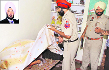 Police officials inspect the crime spot where Pritam Singh (inset) was found murdered