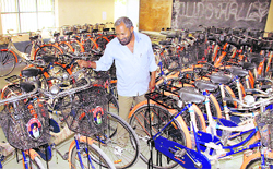 Bicycles to be distributed under the Mai Bhago Scheme kept in the judo room of Government Girls' Senior Secondary School, Ladowali Road, in Jalandhar on Friday. 