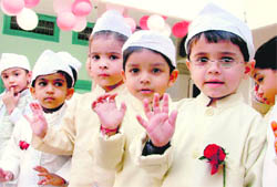 Children dressed as politicians celebrate Children’s Day at St Xavier Playway School in Ludhiana