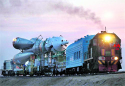 The Russian Soyuz TMA-22 spaceship, which will carry a new crew to the International Space Station on November 14, is transported to the launch pad of the Russian-leased Baikonur cosmodrome in Kazakhstan