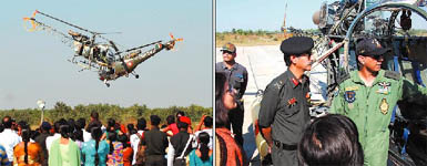 (Left) The Chetak and Cheetah helocopters performing at the Air Show held in Bathinda on Saturday afternoon; (Right)Chief of Staff of the 10 Corps Anil Verma looks at a chopper on display