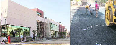 A view of the building under construction in memory of Ishmeet Singh at Rajguru Nagar in Ludhiana; (right) Workers of the Ludhiana Improvement Trust recarpet the road leading to the Ishmeet Singh Music institute at Rajguru Nagar in Ludhiana. 