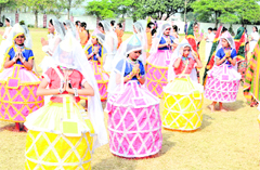 Students present a cultural item at the inaugural function of the All-India Mahatma Hansraj Aryan Zonal Sports Competition in Haridwar on Sunday.