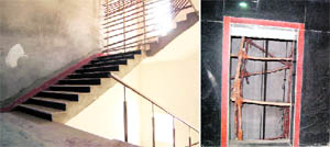 The unfinished railings of staircase and (right) the non-fuunctional elevator at Bebe Nanki Mother and Child Care Centre in Amritsar.