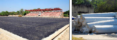 (From left) The ground on which the astroturf is to be laid at the Government Rajindra College; The folded bundles of the turf that would be laid at the ground. Tribune photos: Pawan Sharma