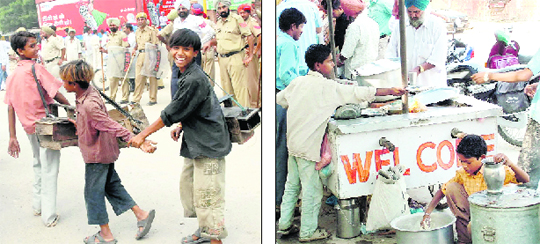 Children work as shoe shiners and (right) work at a roadside food stall in Jalandhar. 