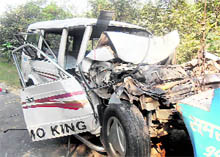 The ill-fated Tata Sumo which was badly damaged by a truck, killing three persons, near Pawat village on Monday morning.