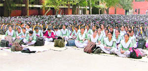 Girl students study in the open at Saheed Sukhdev Thapar Government Senior Secondary School in Ludhiana