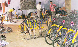 Cycles being assembled in a classroom
