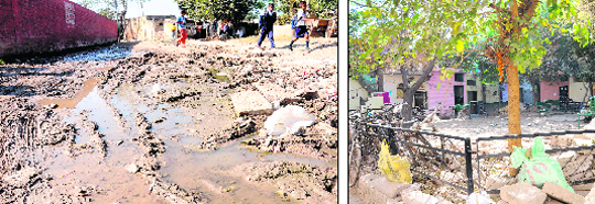 A slushy road in the absence of recarpeting at Hallo Majra;(Right) An internal park in a state of neglect at Ram Darbar.