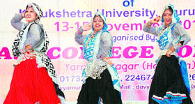 Students of DAV College for Girls, Yamunanagar, perform a Haryanavi dance on the concluding day of the Inter-Zonal Youth Festival of Kurukshetra University in Yamunanagar on Tuesday.