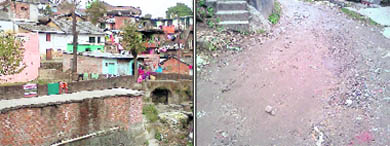 Ghuggar, a panchayat area adjoining Palampur town, which is fast turning into a slum; and (right) a potholed road in the heart of the town