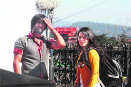 Actors Amrita Pathak and Pulkit during the shooting of a film at The Ridge in Shimla.