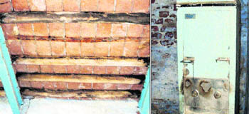 A school building at Gorsian village can collapse anytime; (right) A water cooler in a pitiable condition in a school at Jagraon. 