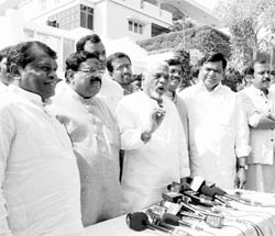Pro-Telangana Congress MPs address the media after a meeting in Hyderabad