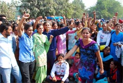 Female candidates at the police recruitment drive protest in front of the Police Lines on Wednesday