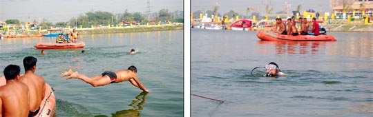 Recruits of the National Disaster Response Force (NDRF) undergoing training at the lake number 3 of the Guru Nanak Dev Thermal Plant on Wednesday. The force is raised to cope with the flood eventuality in Punjab, Himachal Pradesh, Chandigarh and Jammu and Kashmir