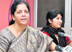Nirmala Sitharaman, national spokesperson for the BJP, addresses a press conference in Dehradun on Wednesday. 