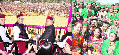 (From left) BJP leaders Arun Jaitley, LK Advani, PK Dhumal and Shanta Kumar at a rally in Mandi on Wednesday; and (right) Pratibha Advani with Kinnauri women attired in traditional dress. 