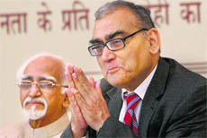 Vice-President Mohd Hamid Ansari and Press Council of India Chairman Justice Markandey Katju in New Delhi on Wednesday. 