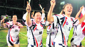 The English womens team celebrate after beating Turkmensitan during the Kabaddi World Cup in Jalandhar on Wednesday. 