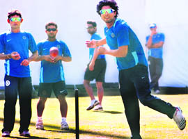 Saurashtras Ravindra Jadeja bowls during a practice session at the PCA Stadium, Mohali on Wednesday. Punjab will play their third home game starting Thursday, against Saurashtra. 