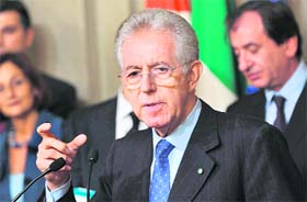 TESTING TIMES: Italian Prime Minister Mario Monti speaks to the press to unveil his cabinet in Rome on Wednesday