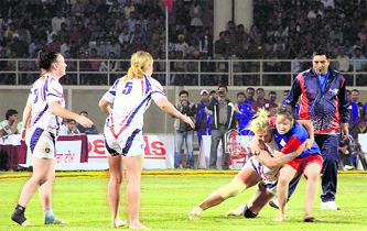 Women players from Turkmenistan and the UK slug it out during a kabaddi match. Tribune photo: Sarabjit Singh
