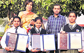 Shweta Sharma, Jaskiran Kaur and Chhavi display the certificates they received from Dr APJ Abdul Kalam, at their school in Jalandhar on Wednesday.
