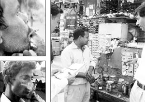 Men smoking in public; and (right) health officials challan a tobacco vendor in Zirakpur on Thursday