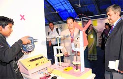A participant displays his project at the IRIS event organised at the PEC University of Technology in Chandigarh on Thursday
