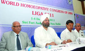 SPS Bakashi (2nd from L), president of Liga Medicorum Homoeopathica Internationalis (LMHI), with patron Dr R.S.Pareek (L), chairman Dr Ramjee Singh (M), secretary Dr Manchanda (R) and Dr Arun Bhasme (2nd from R), vice-president of the Central Council of Homoeopathy(CCH)  during a press conference on homoeopathy in New Delhi on Thursday.  