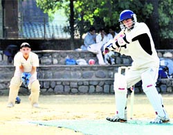A batsman in action in a match in the Inter-council Schools Senior Boys Cricket Tournament in Dehradun on Thursday