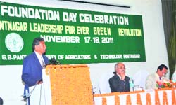 A speaker expresses his views at the Foundation Day celebrations of GB Pant University of Agriculture and Technology at Pantnagar 