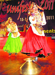 Girls present a Haryanavi dance during an inter-zonal youth festival at MDU, Rohtak on Thursday.