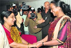Lok Sabha Speaker Meira Kumar and Leader of Opposition in LS Sushma Swaraj during an all-party meeting in New Delhi 